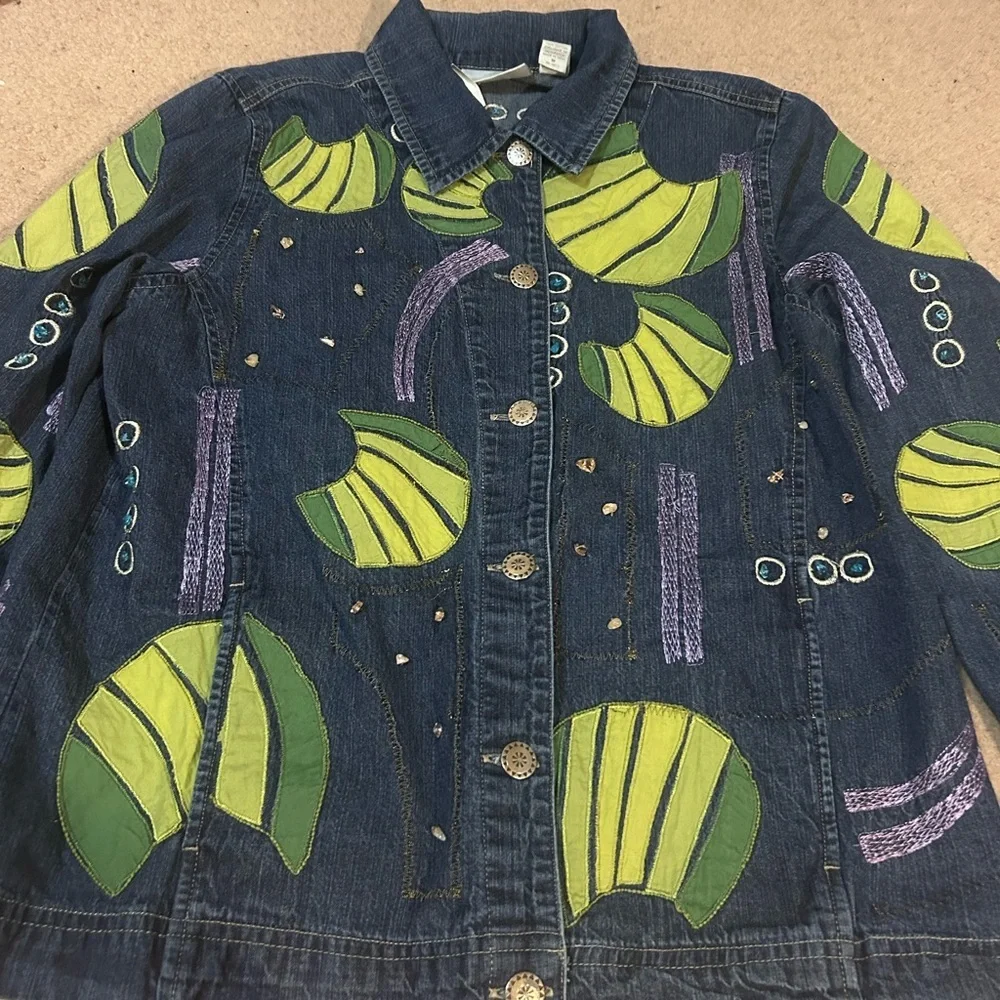 Marsh Landing Plant Embroidery Denim Jean Jacket Abstract Leaf Print Lily pad - Picture 2 of 12